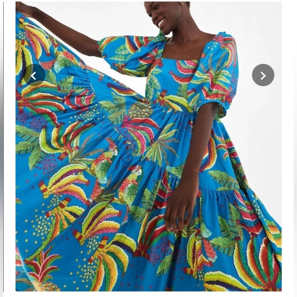 Farm Rio Blue Banana tropical dress tiered puff sleeves M cotton lunch cruise